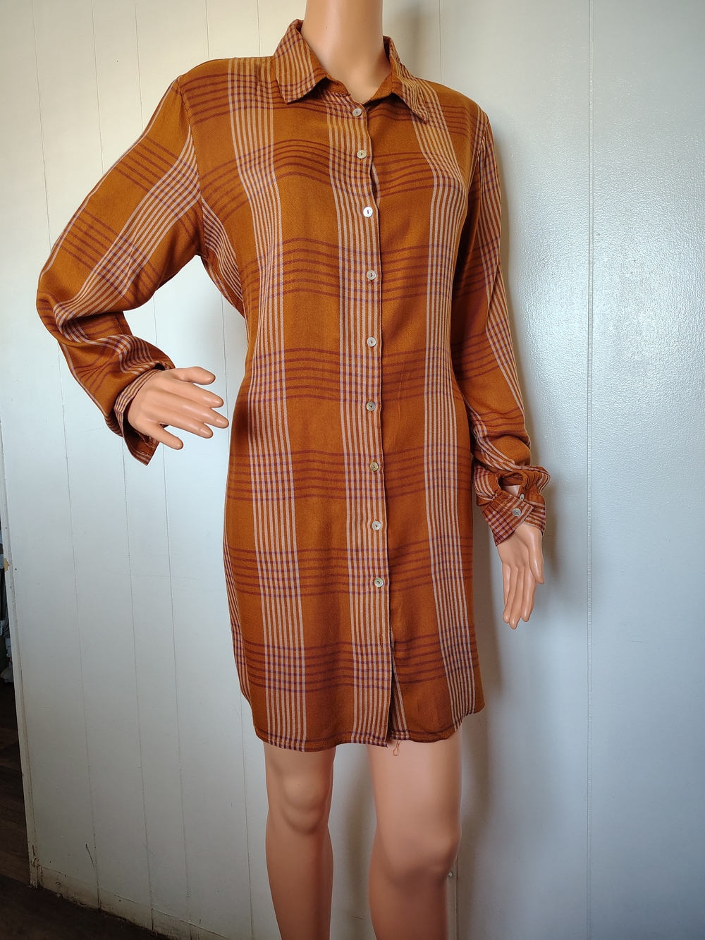 Forever 21 Rust Plaid Long-Sleeve Shirt Dress Size L
